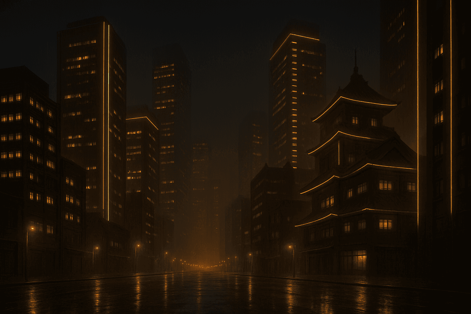 Kingpin Empire – mafia-inspired cyber-noir city skyline at night with amber neon lights